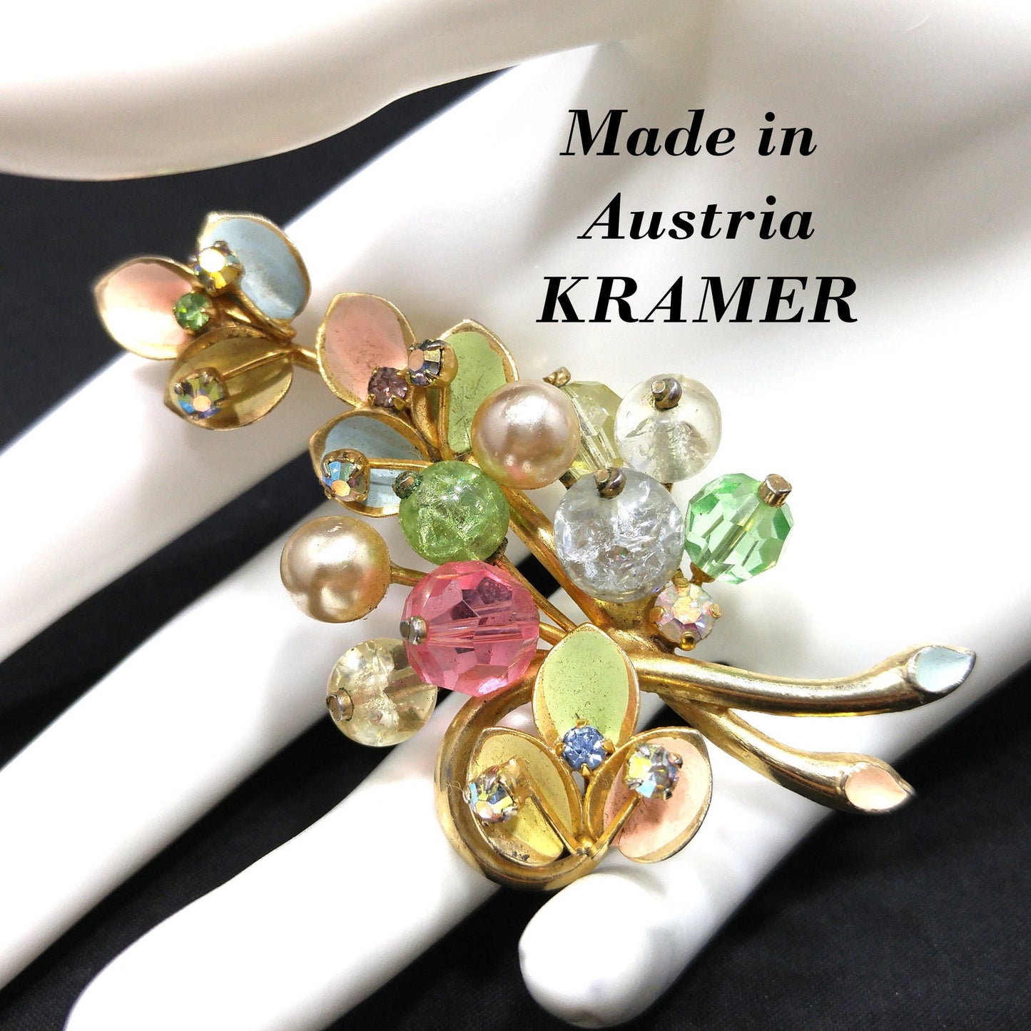 Kramer Made in Austria Floral Brooch, Rhinestones & Enamel Pastels 1950s Vintage