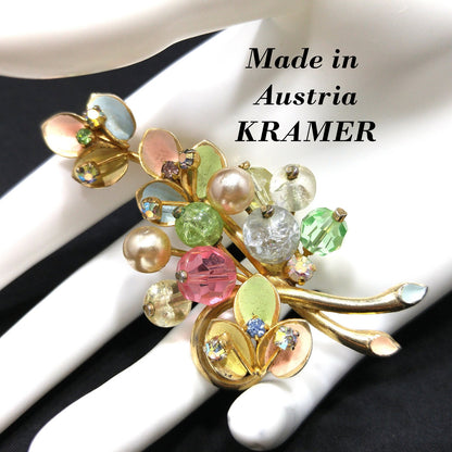 Kramer Made in Austria Floral Brooch, Rhinestones & Enamel Pastels 1950s Vintage