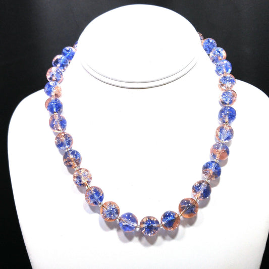 Blue Pink Crackle Glass Beaded Necklace, Filigree Brass Clasp, 1950s Vintage Jewelry