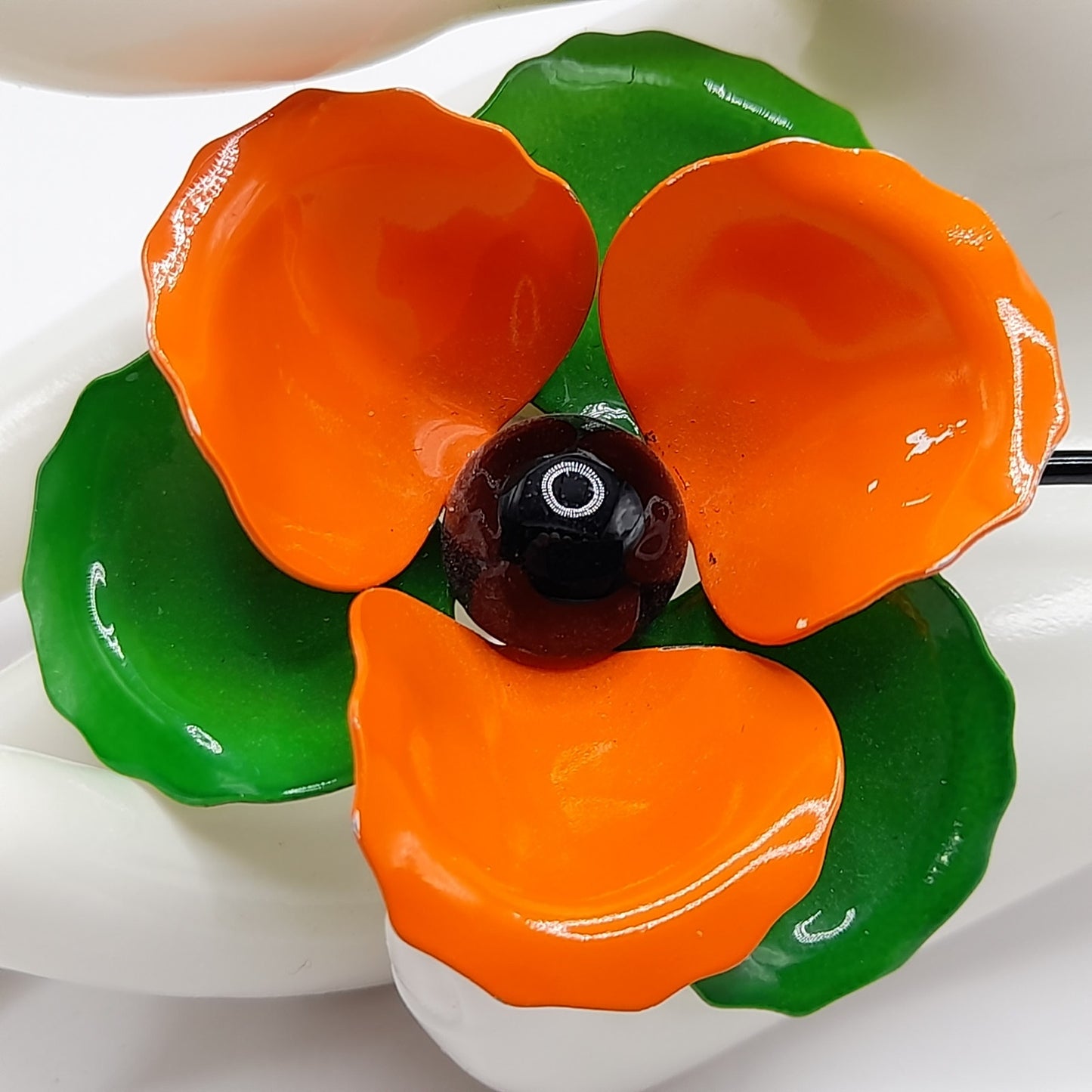 Vintage 1960s Orange Green White Enamel Flower Brooch with Stem, 4 Inches