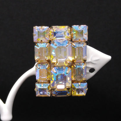 Weiss Aurora Borealis Emerald Cut Earrings, Gold Plating, 1960s Vintage Jewelry