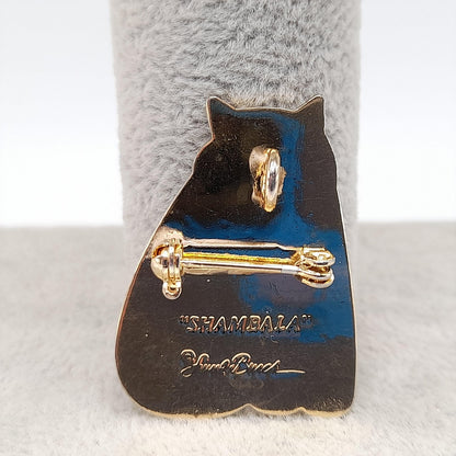 Laurel Burch "Shambala" Cat Brooch Pendant, Black White Enamel, Gold Plated, 1980s Vintage Jewelry