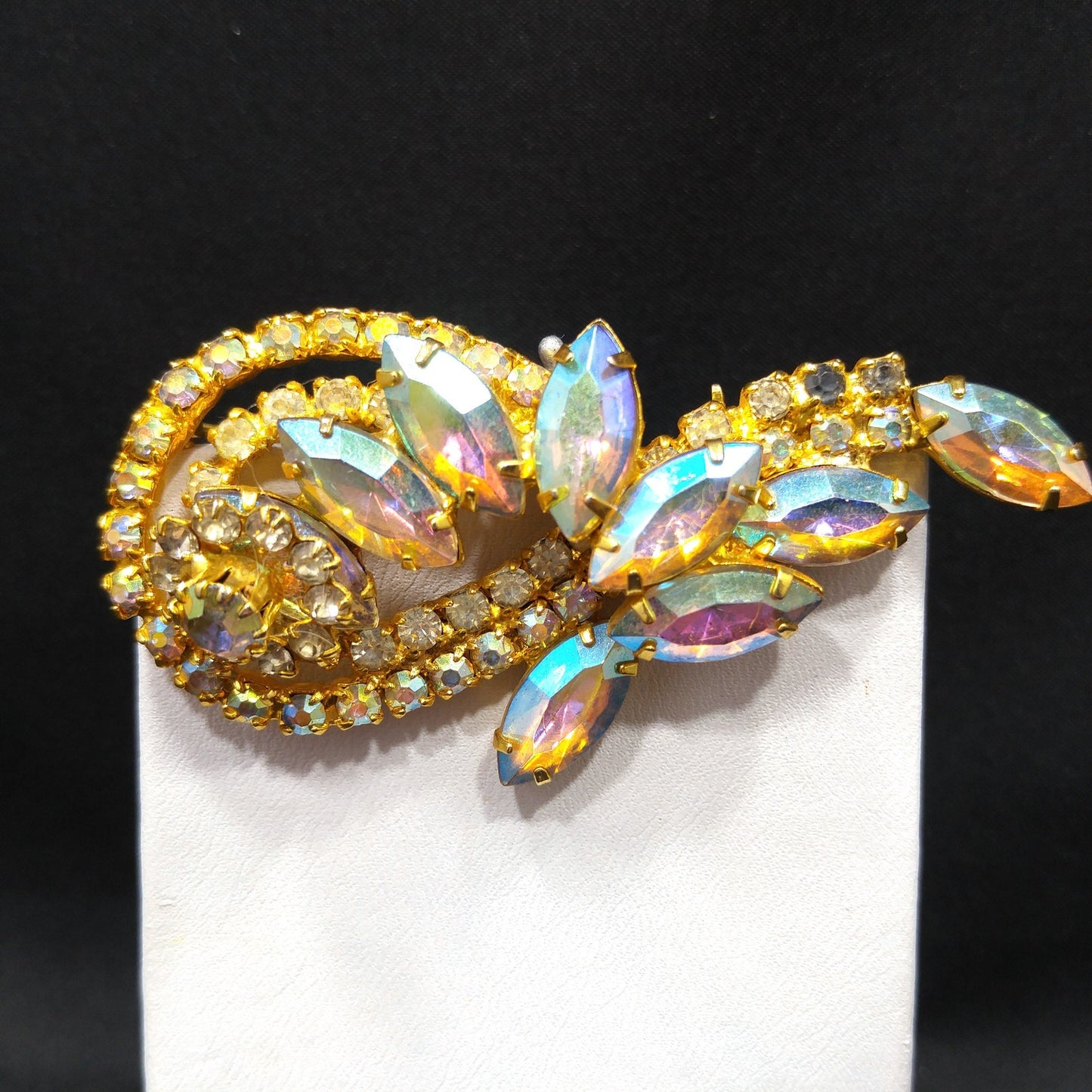 Mid Century Aurora Borealis Rhinestones Floral Wide Brooch, Gold Plated, 1960s Vintage Jewelry