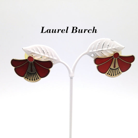 Laurel Burch Red Floral Post Earrings, Two Earrings in One, Gold Plated, 1980s Vintage Jewelry