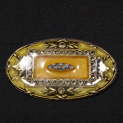 Catherine Popesco Oval Brooch, Cream & Gold Enamel, Rhinestones Under Enamel, France, 1980s Vintage Jewelry