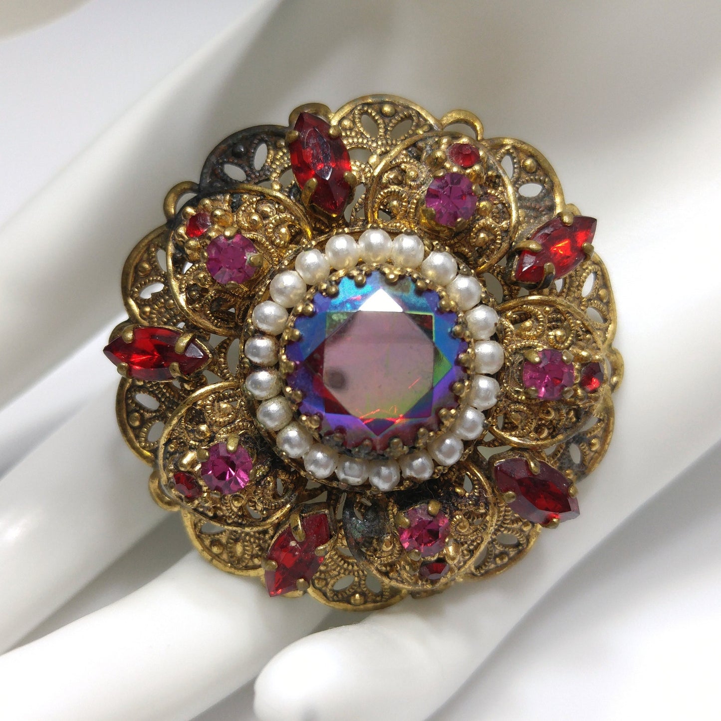 West Germany Red Fire Polished Filigree Brooch, Faux Pearls, 1950s Vintage Jewelry