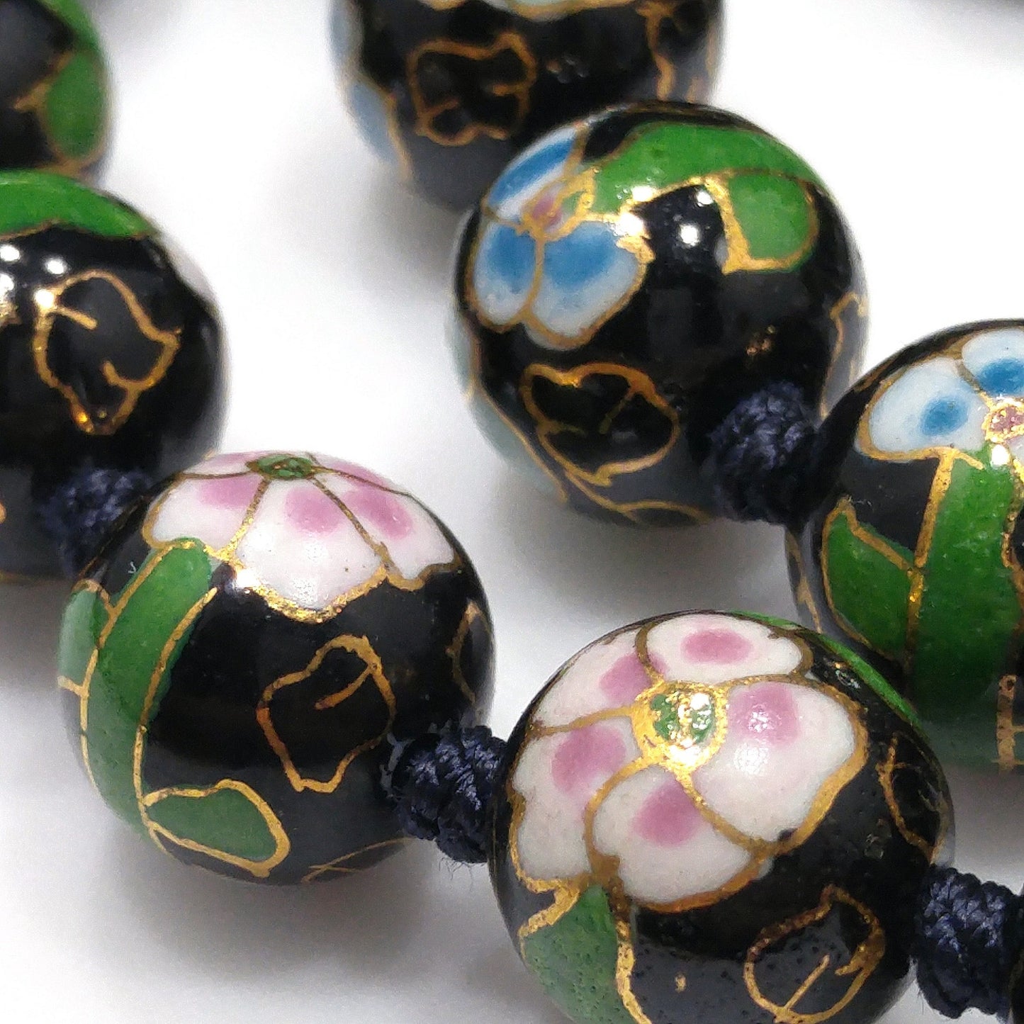 Vintage Black Cloisonné Floral Beaded Necklace, Pink Green Flowers, 1960s Vintage Jewelry