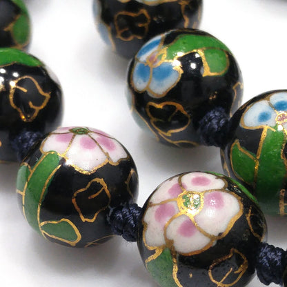 Vintage Black Cloisonné Floral Beaded Necklace, Pink Green Flowers, 1960s Vintage Jewelry