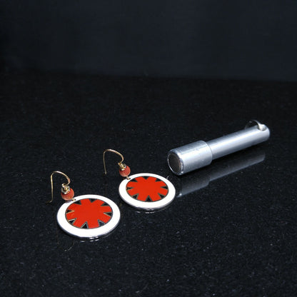 Vintage Laurel Burch "Myth" Earrings, Gold Plated Cloisonne, Red White Black