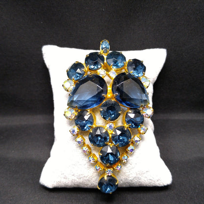Large Blue Rhinestone Brooch & Pendant, Gold Plated, 1960s Vintage Jewelry