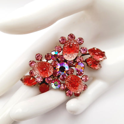 Vintage 1950s Pink Molded Glass Floral Brooch