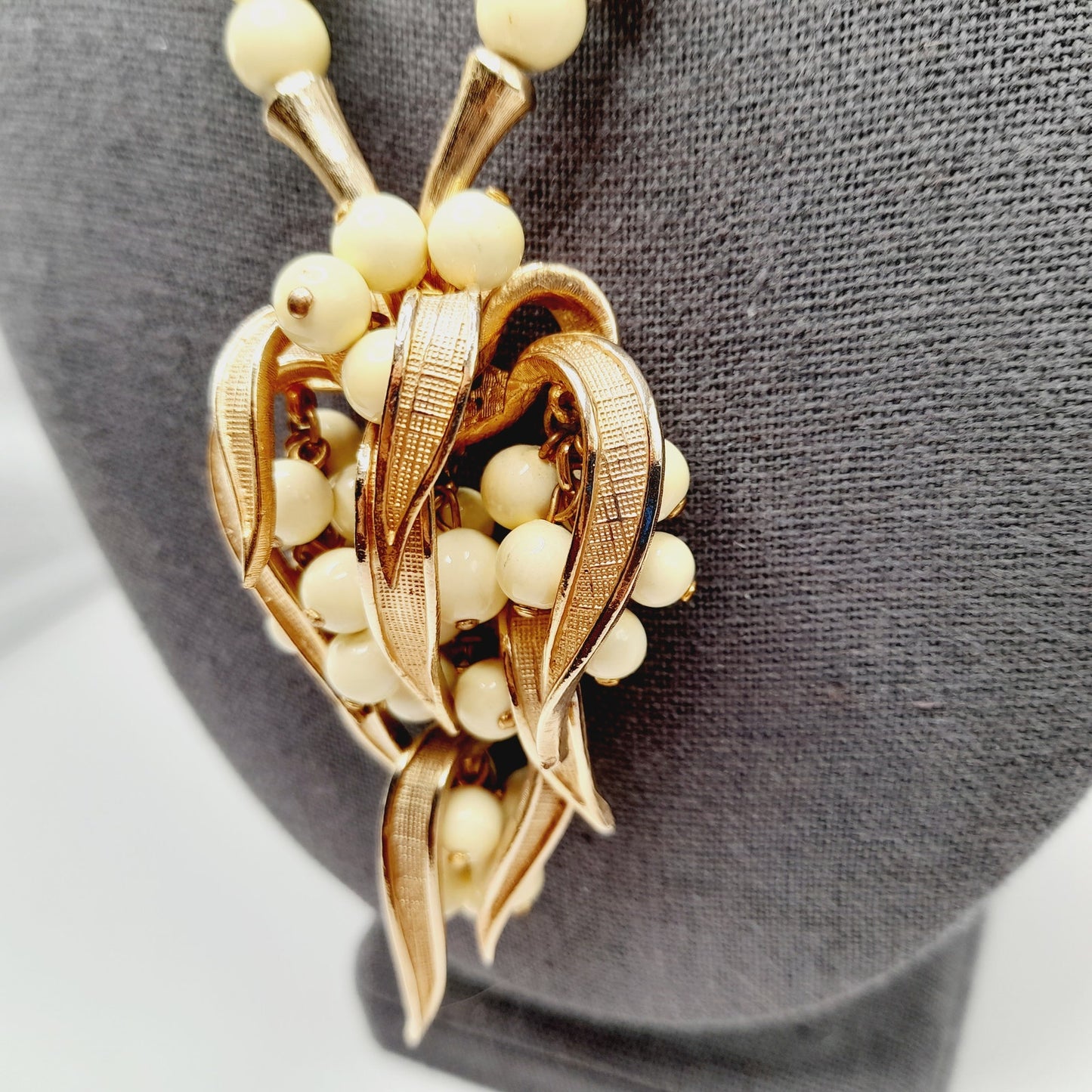 Vintage Articulated Fruit Pendant Gold Tone White Bead Necklace, 24 Inches