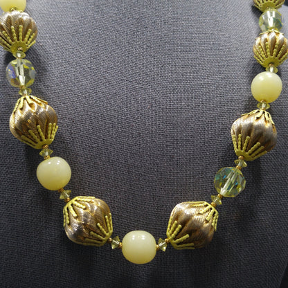 Vendome Gold Twist & AB Crystal Bead Necklace, Yellow Bead Caps, Gold Plated, 1960s Vintage Jewelry
