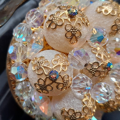 Vintage Crystal Bead Brooch, Aurora Borealis, Art Glass Globes, Filigree End Caps, 1960s Vintage Jewelry
