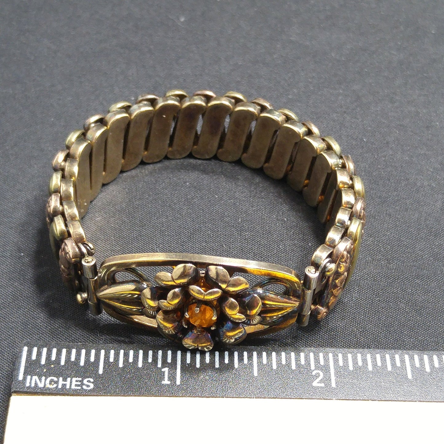 Antique Lustern Expansion Bracelet, 12KGF Sterling, Orange Rhinestone, 1920s Vintage Jewelry