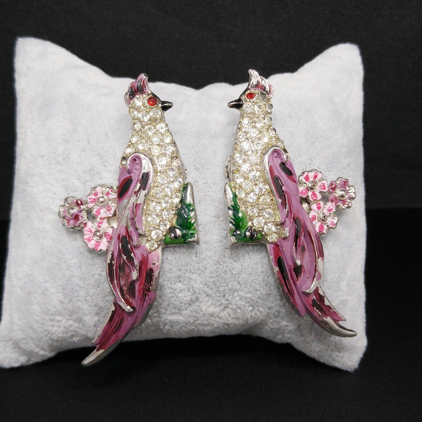 Duette Bird Brooches, Unsigned, Coro Style, Set of Two, Rhinestone and Enamel, 1940s Vintage Jewelry