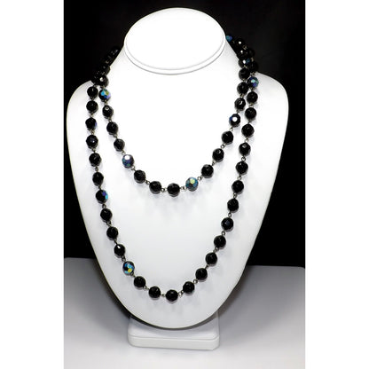Long Black Crystal Beaded Necklace, Aurora Borealis, No Clasp, 1970s Vintage Jewelry