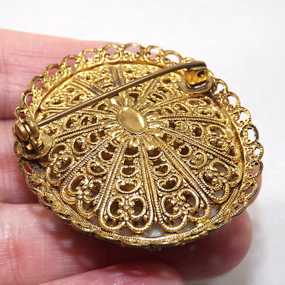 West Germany Sugar Glass Floral Brooch, Filigree Back, 1960s Vintage Jewelry