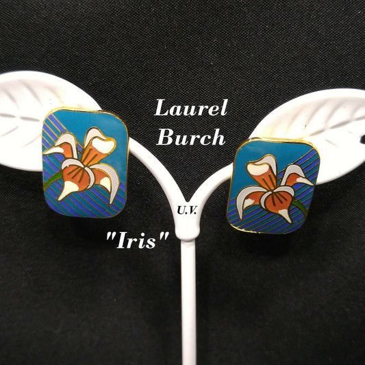 Laurel Burch Gold Plate "Iris" Teal Blue & Orange Enamel Cloisonne, 1980s