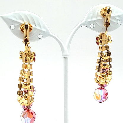 Vintage Pink Rhinestone Crystal Drop Clip On Earrings