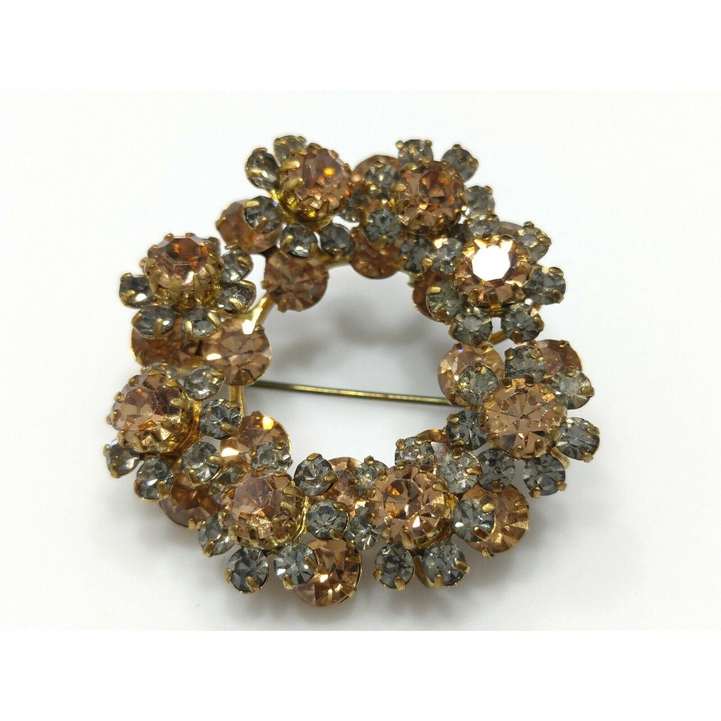 Austria Crystal Topaz Gray Rhinestone Wreath Brooch, 1950s Vintage Jewelry