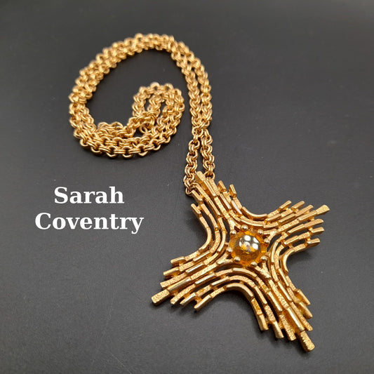 Vintage Sarah Coventry 1970s Yellow Rhinestone Cross Pendant Necklace