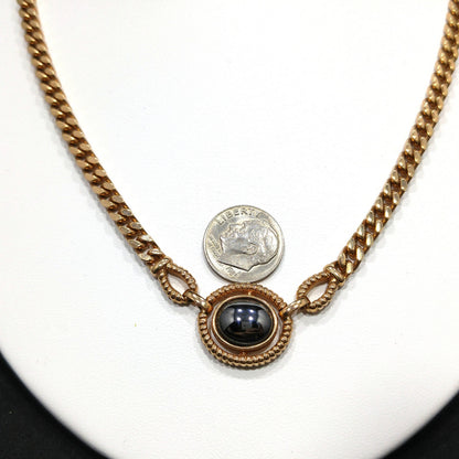 Louis Feraud Paris Gold Plated Pendant Necklace, Hematite Pendant, 1970s Vintage Jewelry