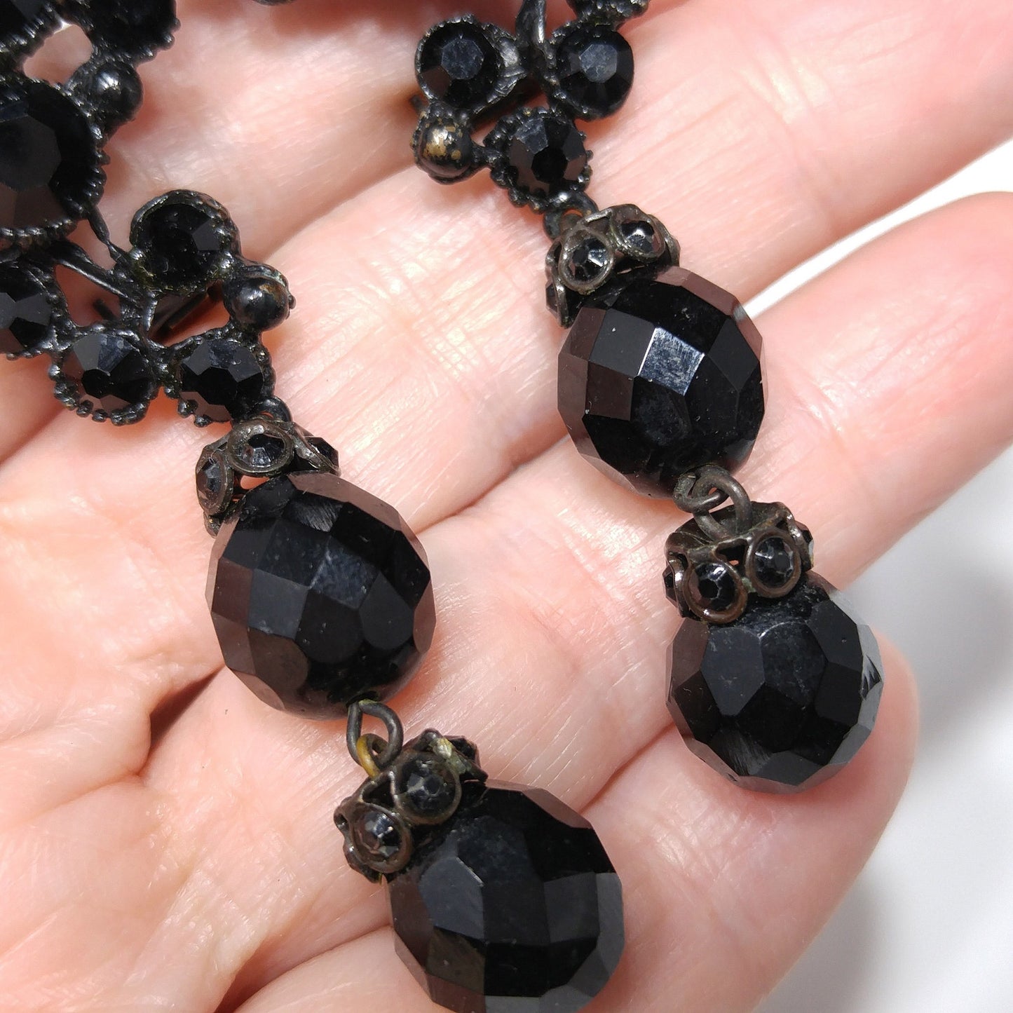 Vintage 1950s Japanned Black Crystal Rhinestone Drop Earrings