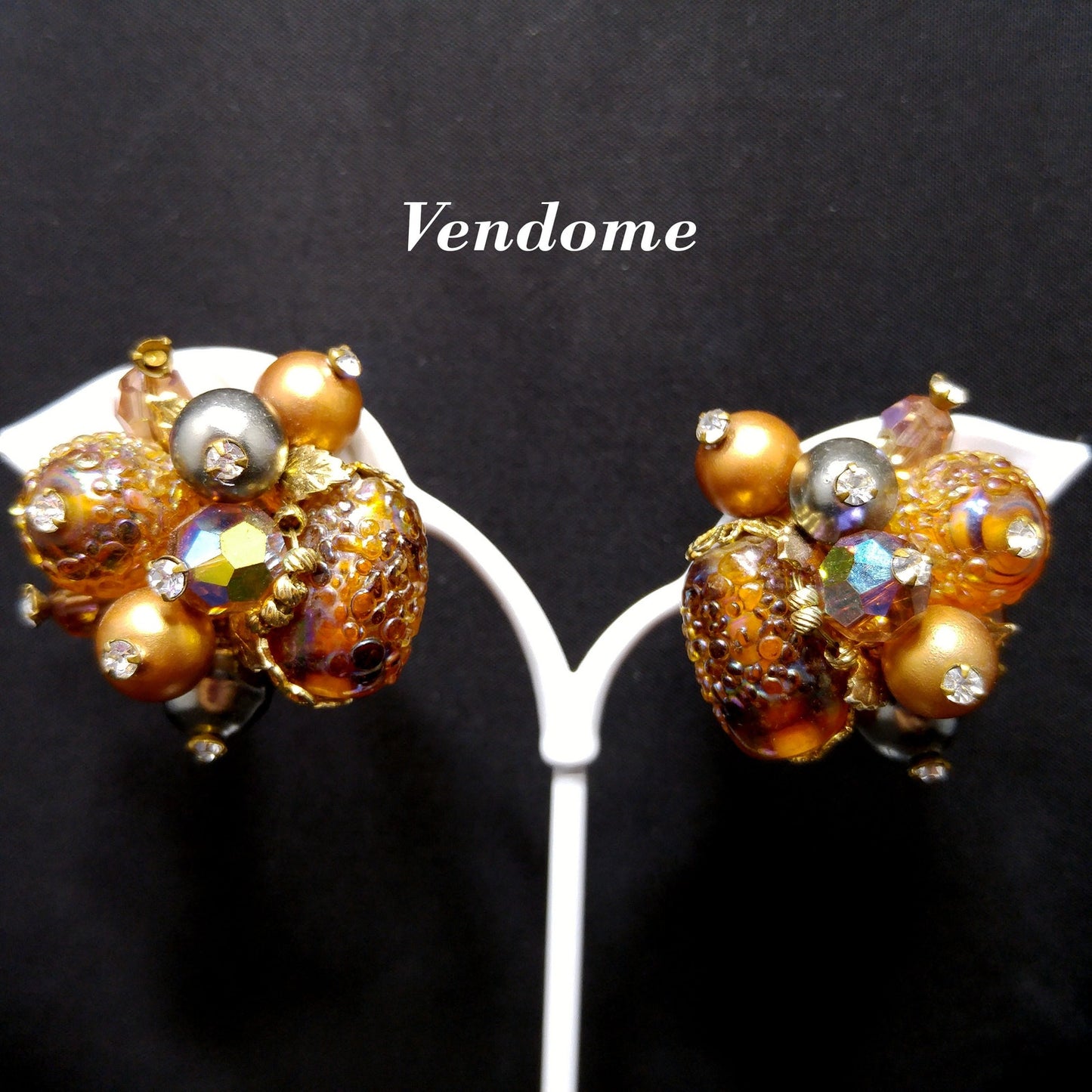 Vendome Topaz Beaded Earrings, Art Glass, Aurora Borealis, 1960s Vintage Jewelry