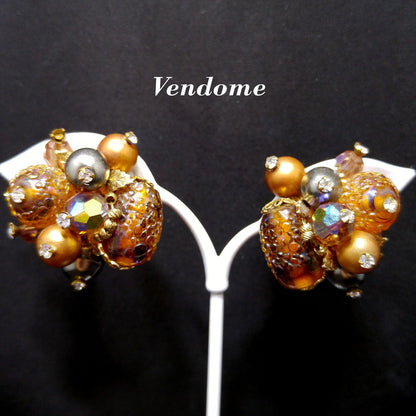 Vendome Topaz Beaded Earrings, Art Glass, Aurora Borealis, 1960s Vintage Jewelry