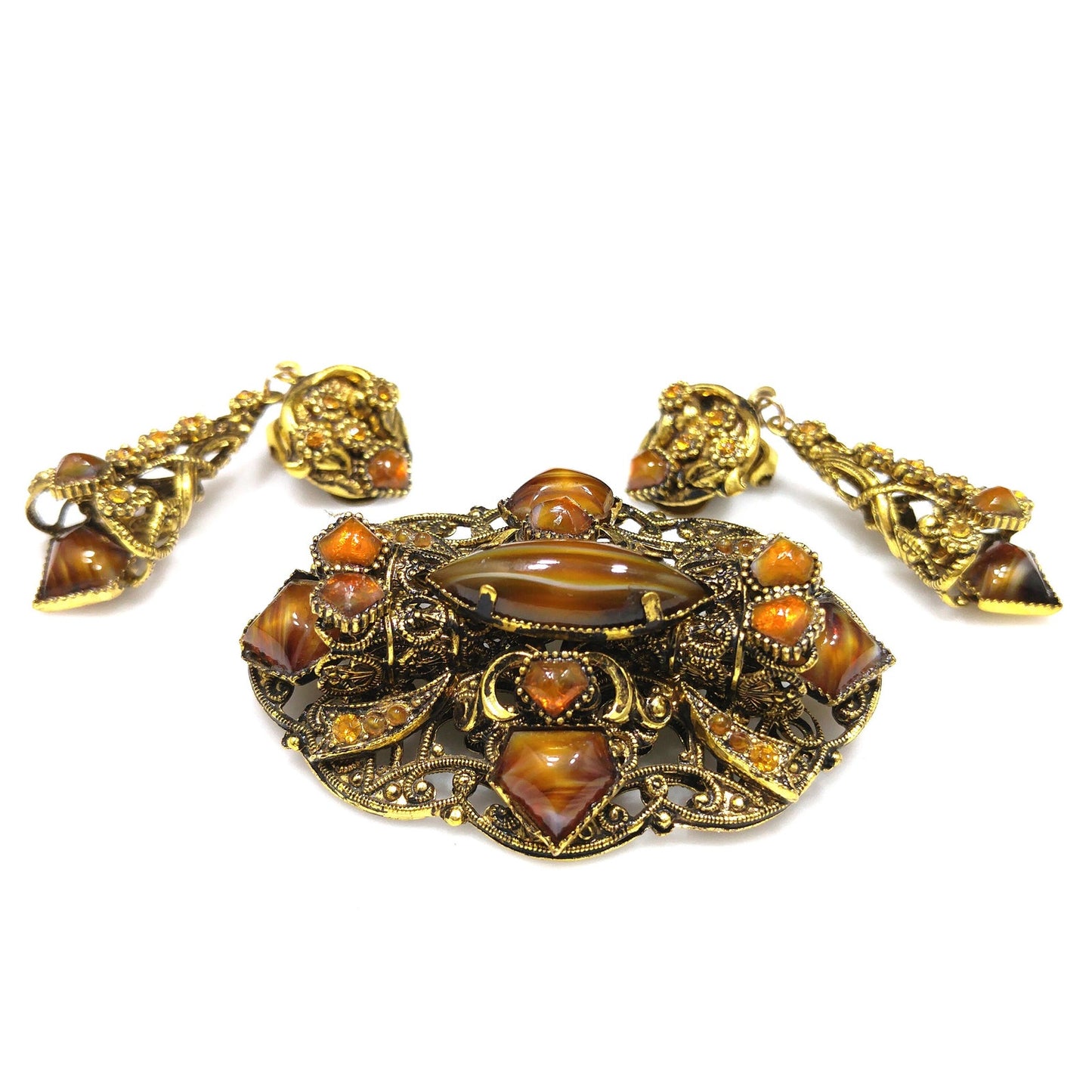 Filigree Topaz Art Glass Brooch & Clip Earrings, Dangle Earrings, 1950s Vintage Jewelry