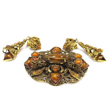 Filigree Topaz Art Glass Brooch & Clip Earrings, Dangle Earrings, 1950s Vintage Jewelry