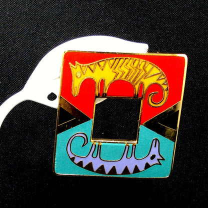 Laurel Burch "Primal Horse" Large Post Earrings, Gold Plated Cloisonné Enamel, 1980s Vintage Jewelry