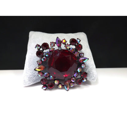 Red Large Rhinestone Aurora Borealis Brooch, Japanned Black Enamel, 1970s Vintage Jewelry