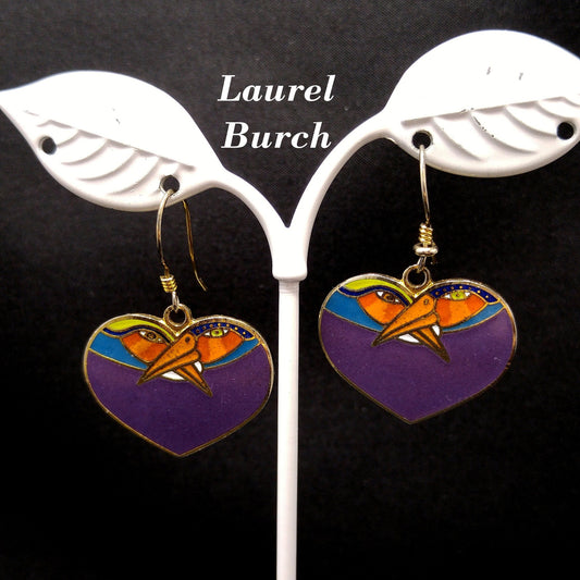 Vintage Laurel Burch Purple Bird Heart Earrings, Gold Plated