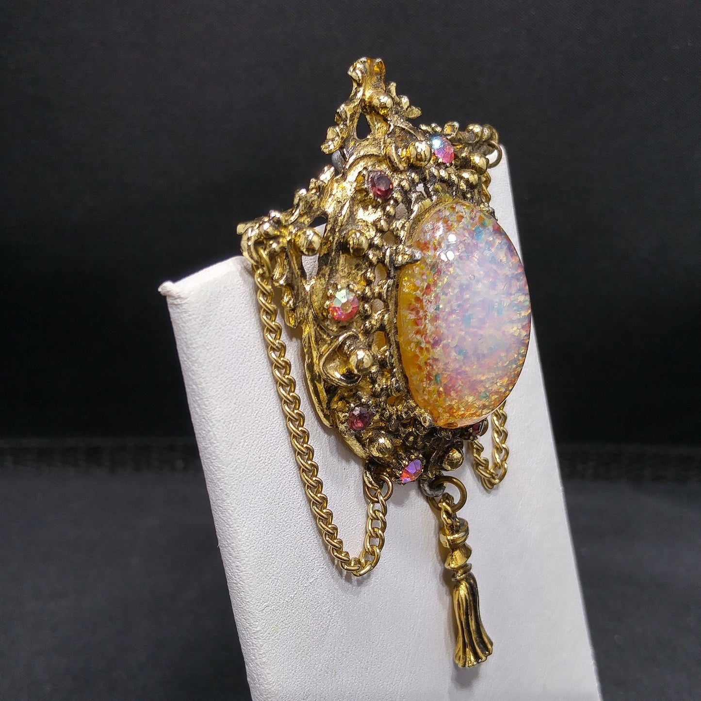 Vintage 1950s Hollywood Faux Opal Glitter Glass Brooch Tassel