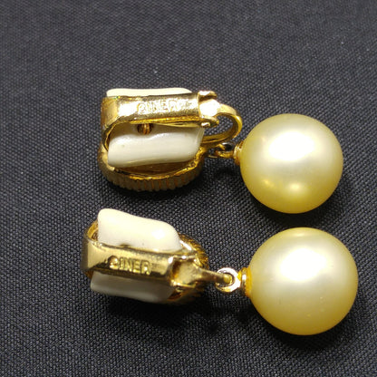 Ciner Faux Pearl Dangle Clip Earrings, Clear Rhinestones, Gold Plated, 1970s Vintage