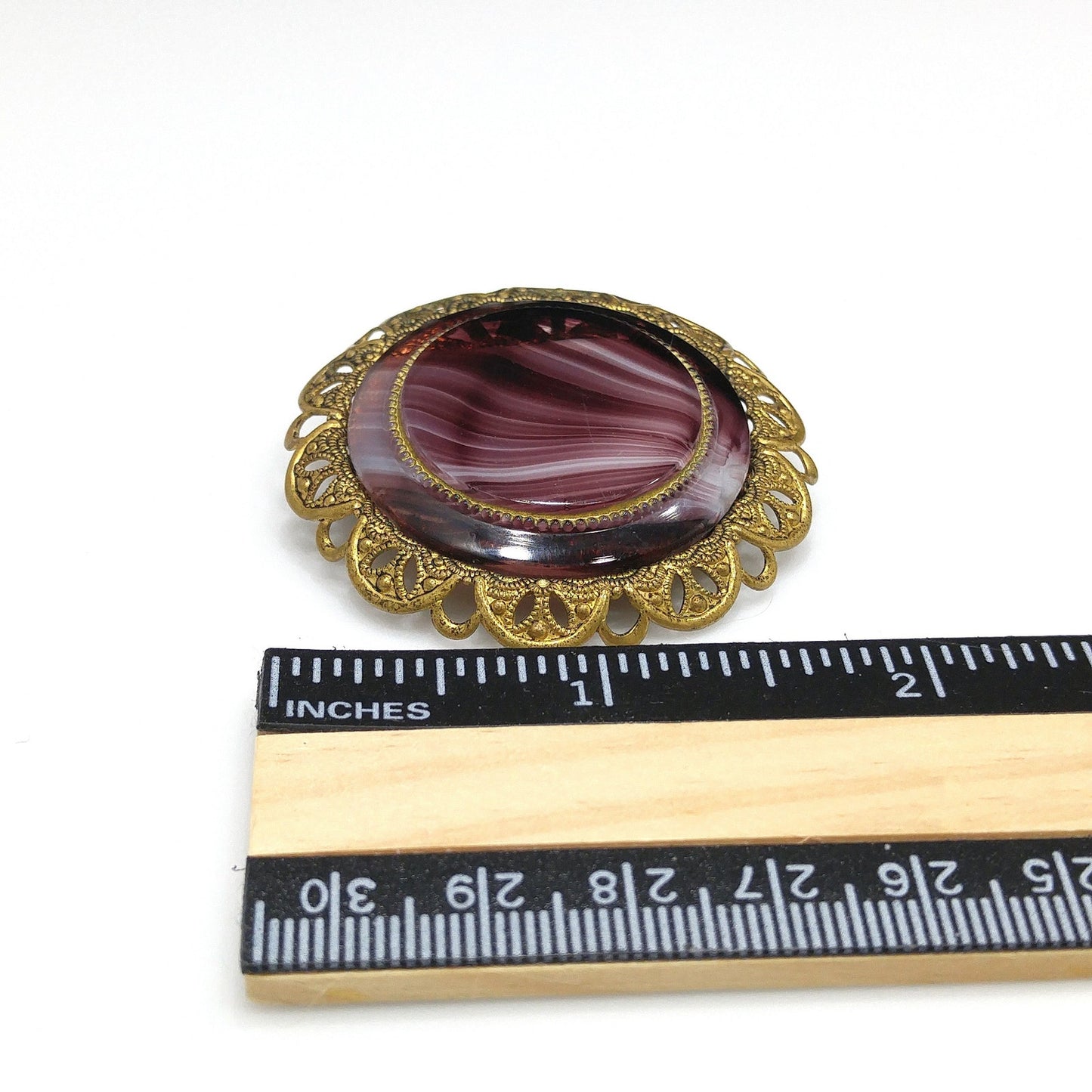 Western Germany Purple Art Glass Brooch, Filigree Frame, 1950s Vintage Jewelry