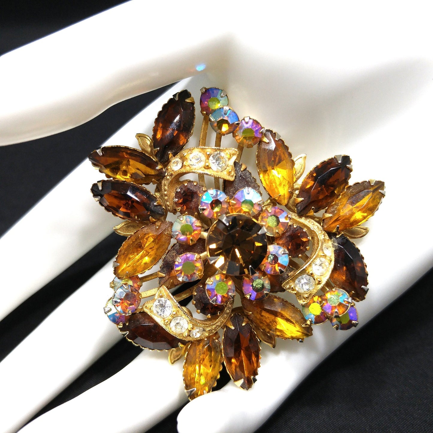 Fall Rhinestone Ribbon Brooch, Topaz Rhinestones, Aurora Borealis, 1950s Vintage Jewelry