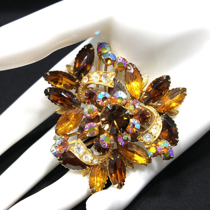Fall Rhinestone Ribbon Brooch, Topaz Rhinestones, Aurora Borealis, 1950s Vintage Jewelry