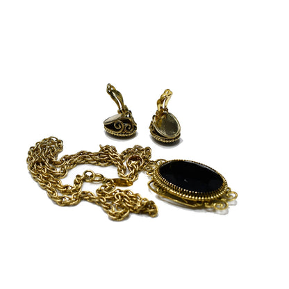 Whiting & Davis Victorian Black Gold Pendant Necklace Set, Clip Filigree Earrings, 1960s