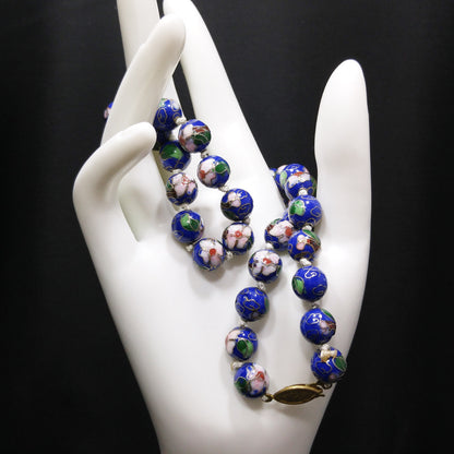 Cloisonne Blue Beaded Necklace, Floral Hand Painted Beads, 1960s Vintage Jewelry