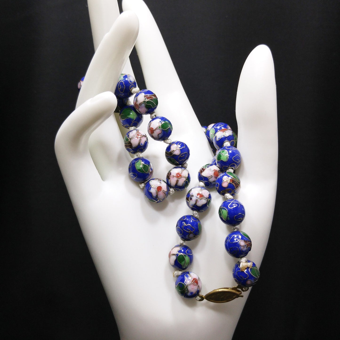 Vintage 1960s Chinese Cloisonné Blue Floral Bead Necklace 20" Hand Knotted