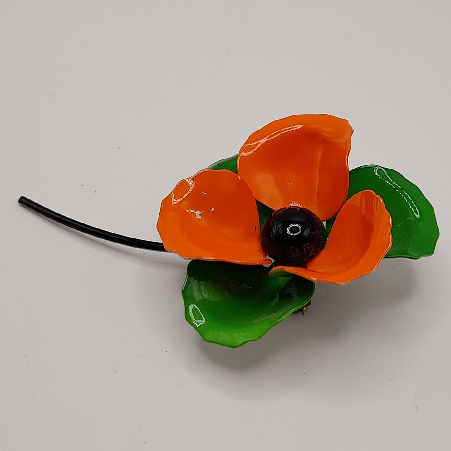 Vintage 1960s Orange Green White Enamel Flower Brooch with Stem, 4 Inches