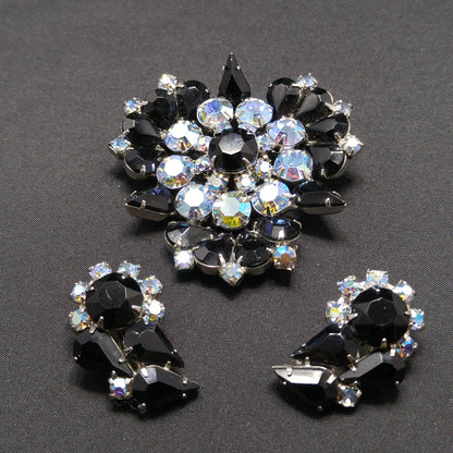 Black Aurora Borealis Brooch & Earrings, Rhodium Plated, 1960s Vintage Jewelry