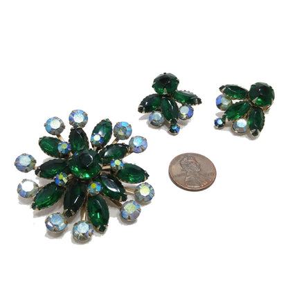 Mid-Century Green Rhinestone Flower Brooch & Earrings, Aurora Borealis, 1950s