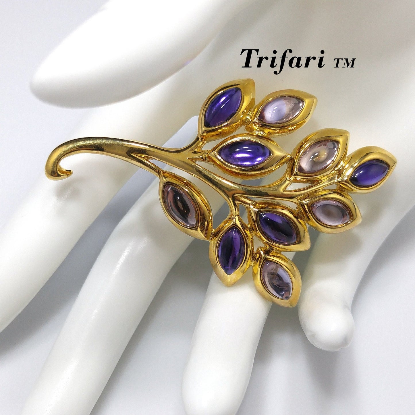 Trifari TM Purple Cabochon Gold Plated Brooch, Spray of Leaves Pin, 1980s Vintage Jewelry