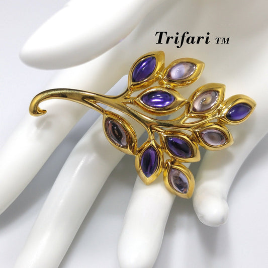 Trifari TM Purple Cabochon Gold Plated Brooch, Spray of Leaves Pin, 1980s Vintage Jewelry
