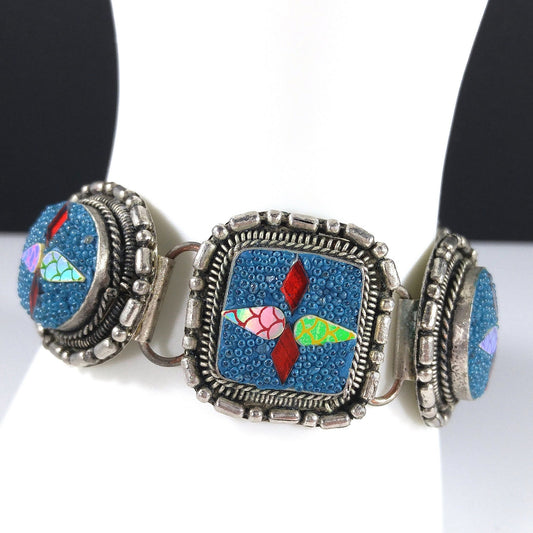 Art Crafted Five Linked Bracelet, Silver Tone, Iridescent Design, 1960s Vintage Jewelry