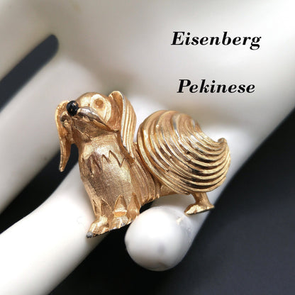 Eisenberg Pekinese Dog Brooch, Gold Plated, 1950s Vintage Jewelry